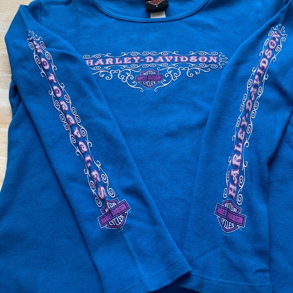 HARLEY-DAVIDSON Women’s Blue Crop Top Long Sleeve Tee Shirt Size Small - Picture 11 of 14